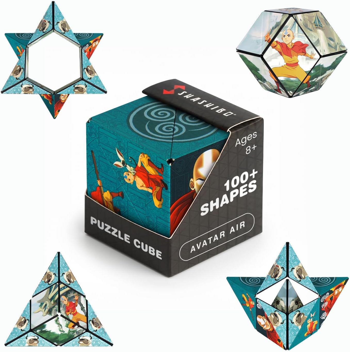 Shashibo Avatar Air puzzle cube box showing Aang and the Air Nomad spiral, with folded shapes revealing Appa inside