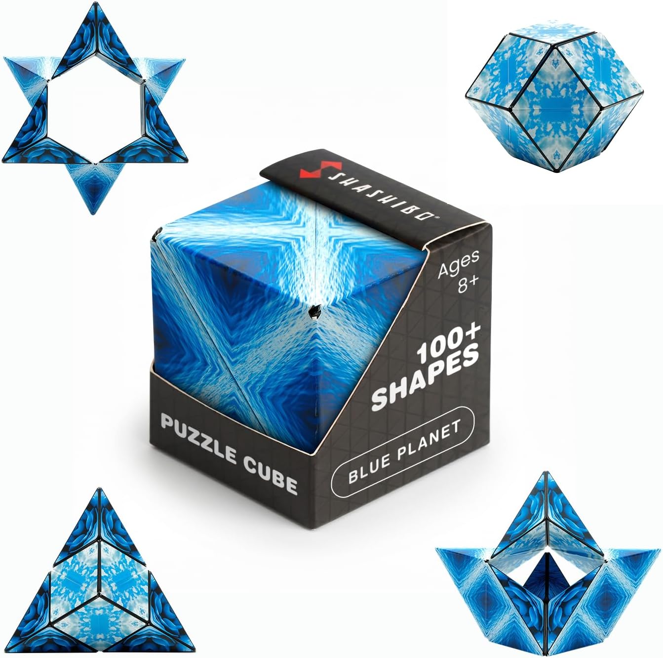 Shashibo Blue Planet puzzle cube box surrounded by star and pyramid shapes in rippled blue and white