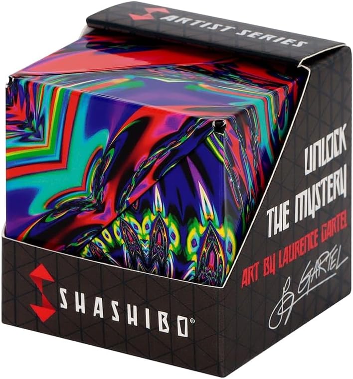 Shashibo Chaos Artist Series puzzle cube box with Laurence Gartel artwork in magenta, green and violet
