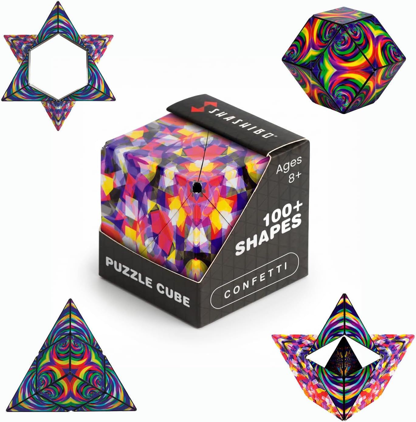 Shashibo Confetti puzzle cube box beside the same cube folded into a star, a pyramid and a rainbow-patterned icosahedron