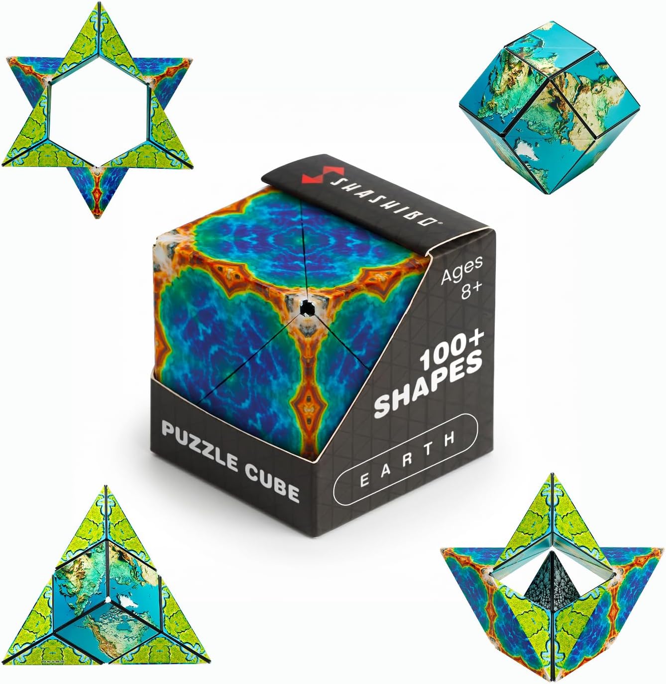 Shashibo Earth puzzle cube box with folded shapes showing satellite maps of the continents on their inner faces