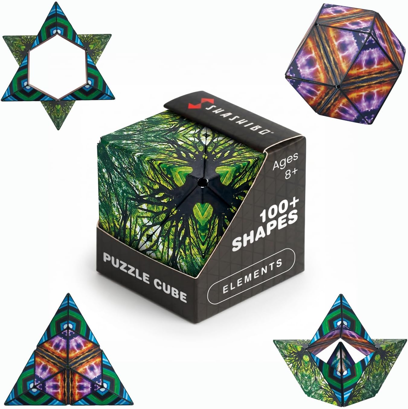 Shashibo Elements puzzle cube in its box, with the star, icosahedron and pyramid shapes it folds into shown around it
