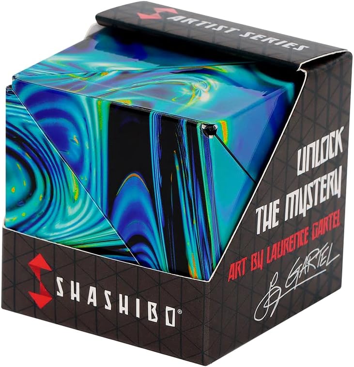 Shashibo Mystic Ocean Artist Series puzzle cube box in swirled turquoise, black and yellow