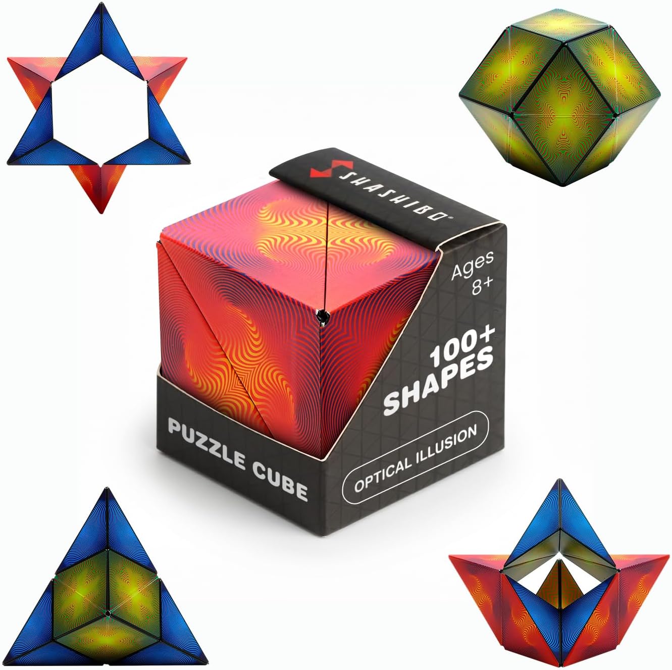Shashibo Optical Illusion puzzle cube box in red and orange moire line work, with blue and yellow folded shapes around it