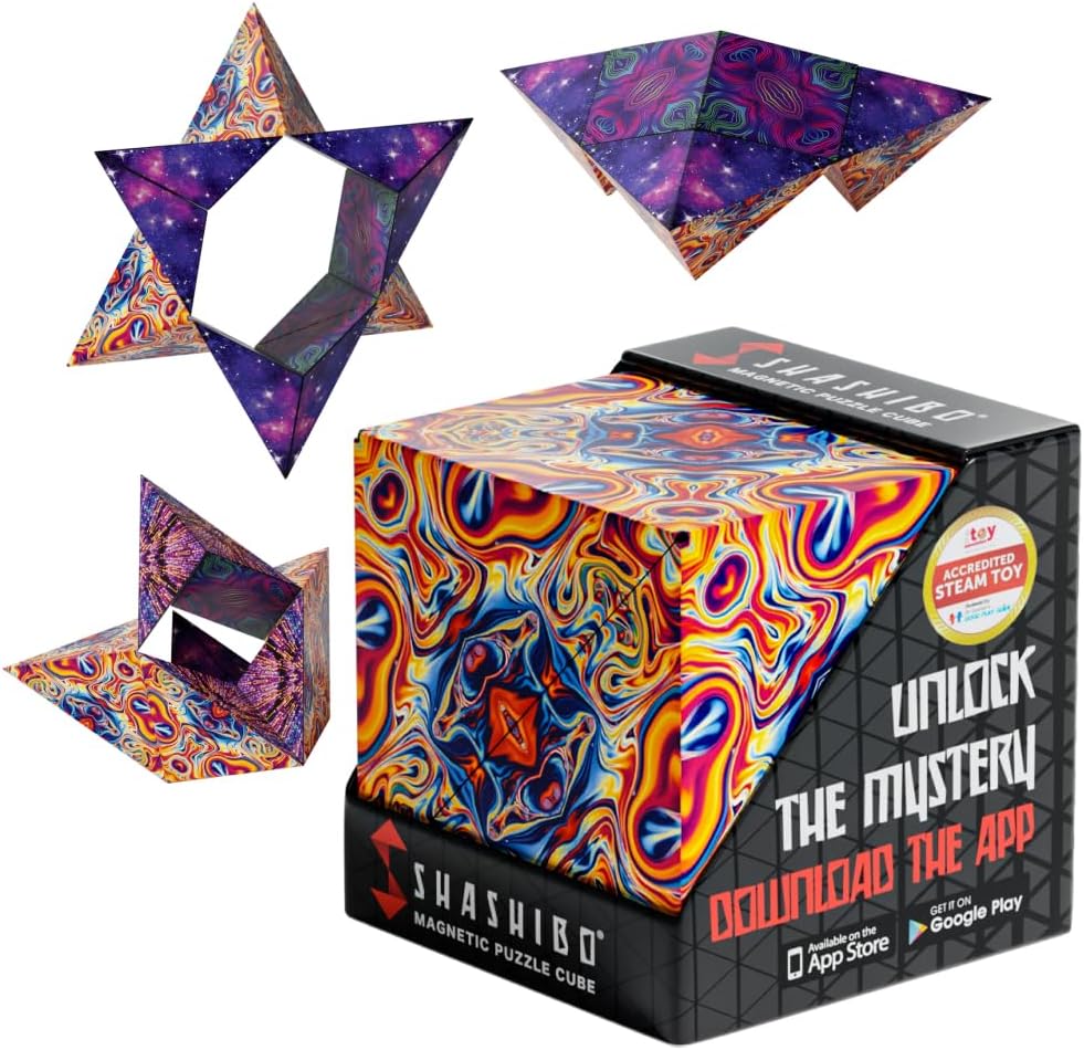 Shashibo Spaced Out puzzle cube box in marbled orange and blue, with a folded star showing a purple galaxy print inside