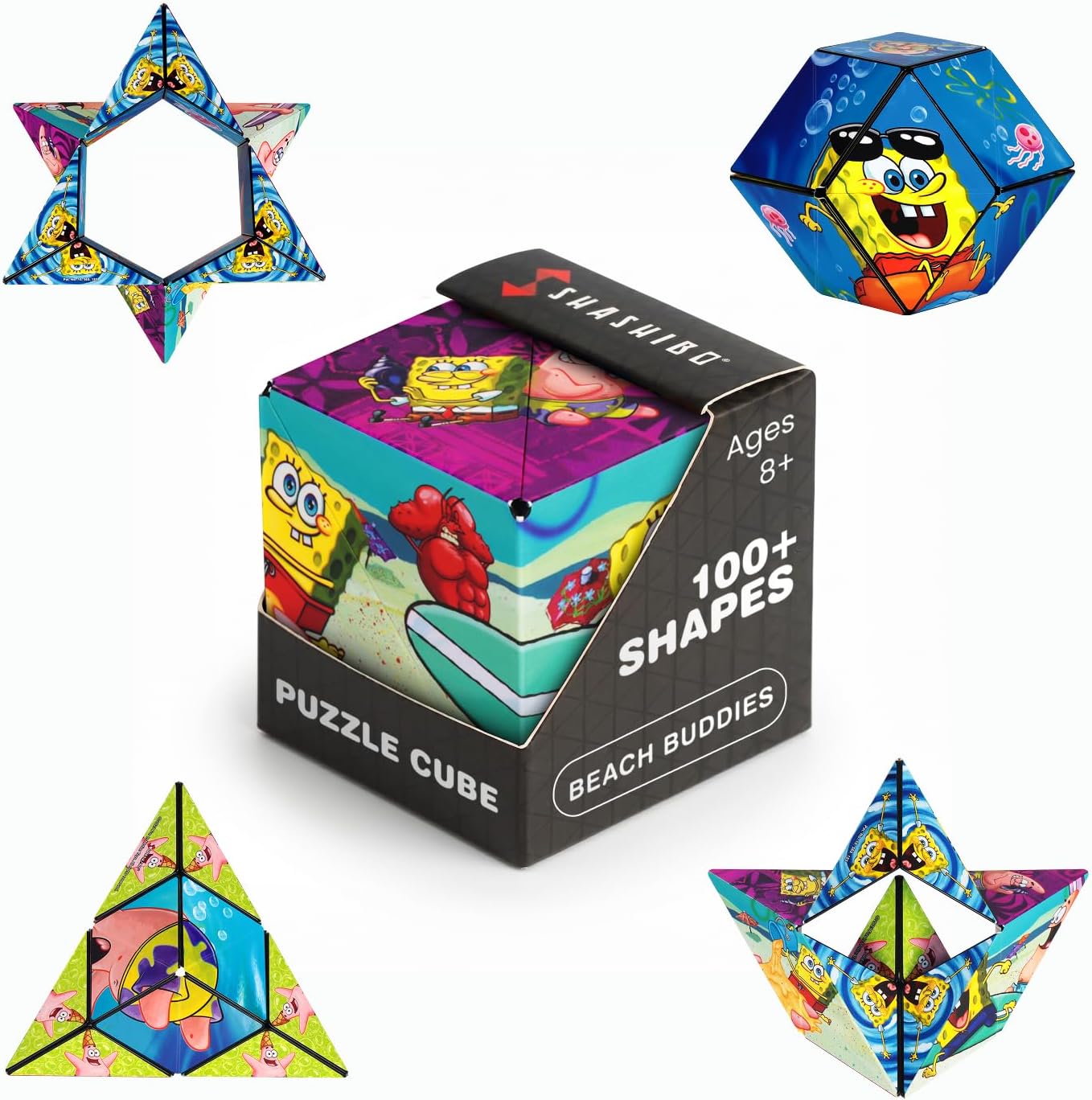 Shashibo Beach Buddies puzzle cube box with SpongeBob and Patrick surfing, shown with its star and pyramid shapes