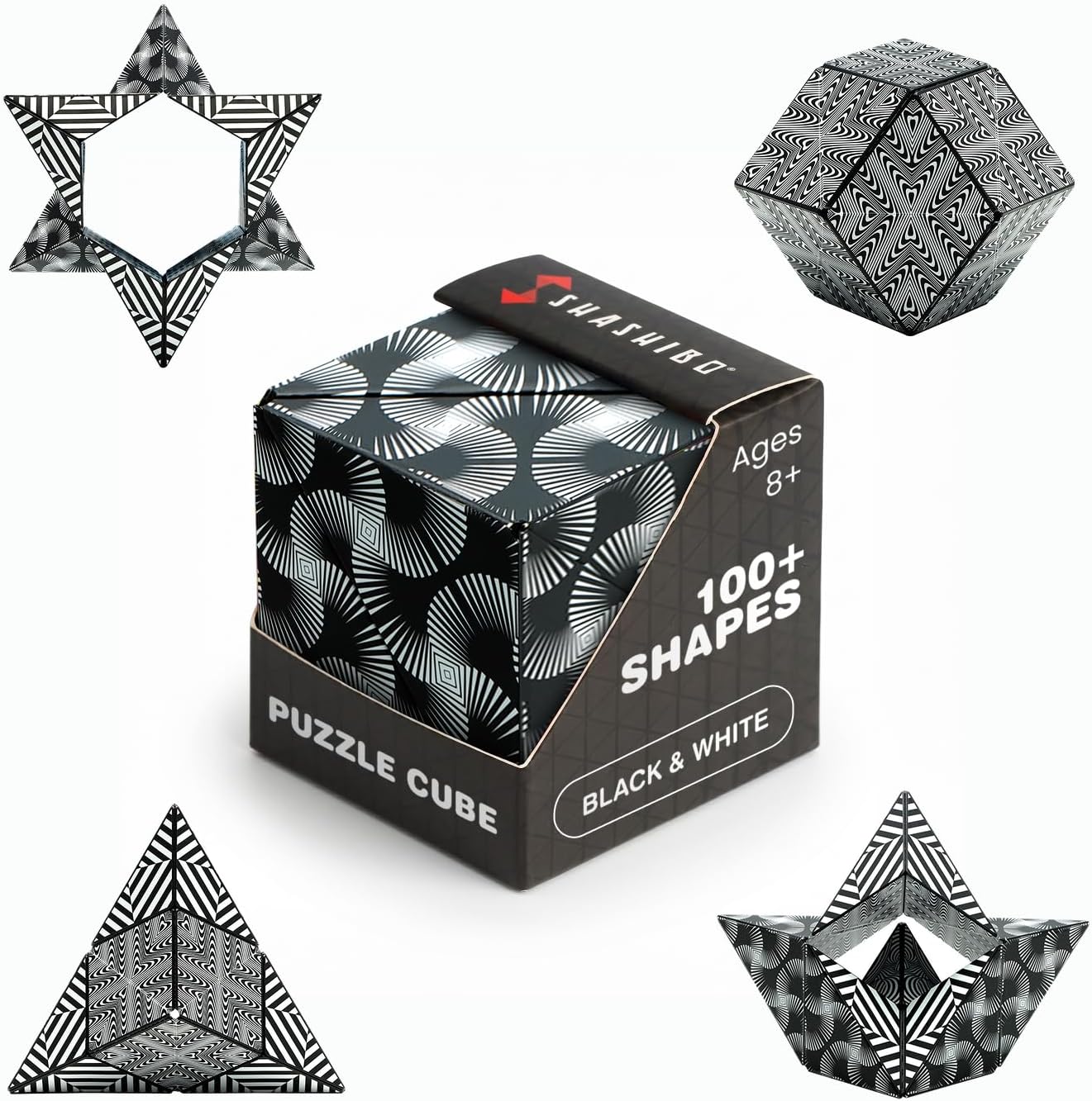 Shashibo Black and White puzzle cube box with monochrome radiating line work, shown with its star and pyramid shapes